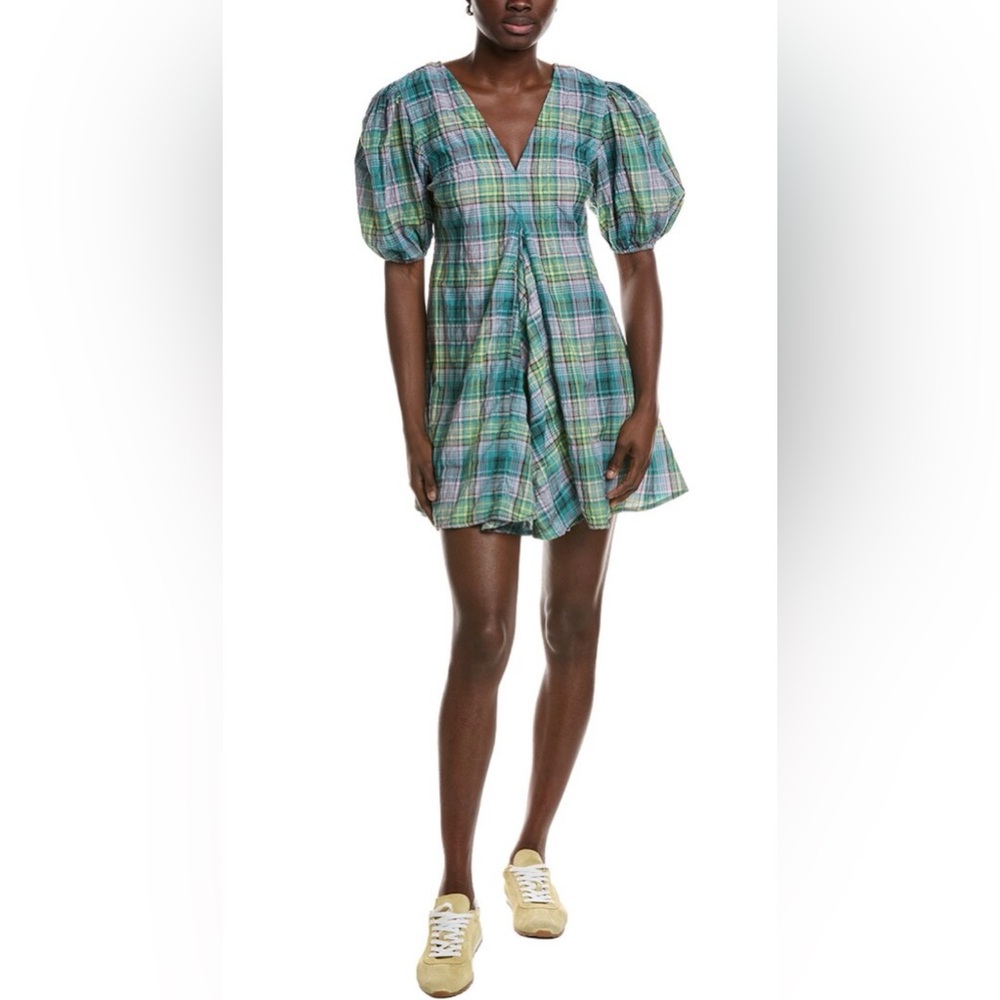 GANNI Women's Seersucker Check V-Neck Mini Dress in Lagoon - size Small
